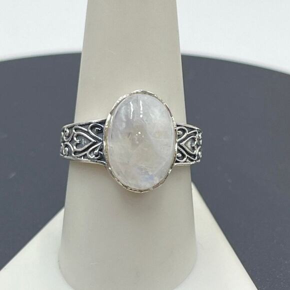 YS Signed India Sterling Silver Rainbow Moonstone Cabochon Ring Sz 9.5 - Picture 1 of 12